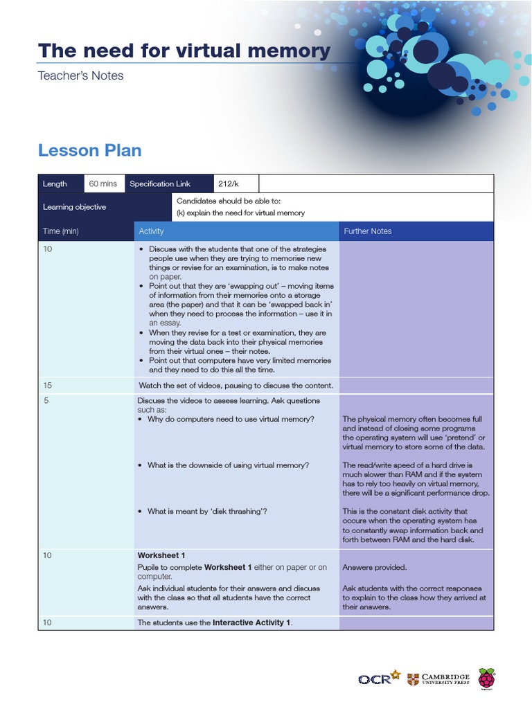 The Need For Virtual Memory Lesson Plan PDF Computer Data Storage