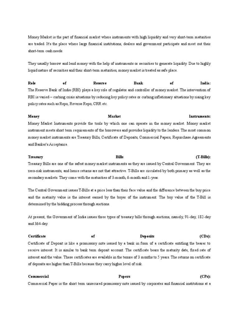 Overview of Money Market Instruments | PDF | Repurchase Agreement ...