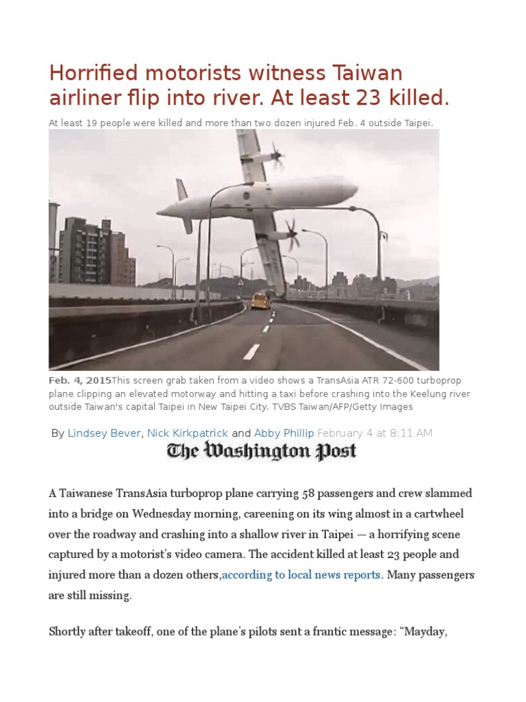 Horrified Motorists Witness Taiwan Airliner Flip Into River