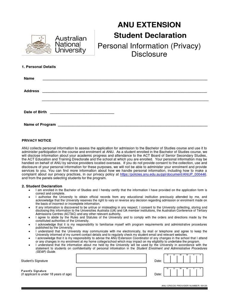 ANU Extension Student Declaration 2014 PDF Privacy University And