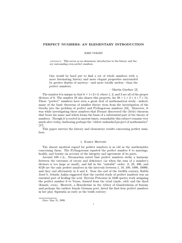 Even Perfect Numbers History | PDF