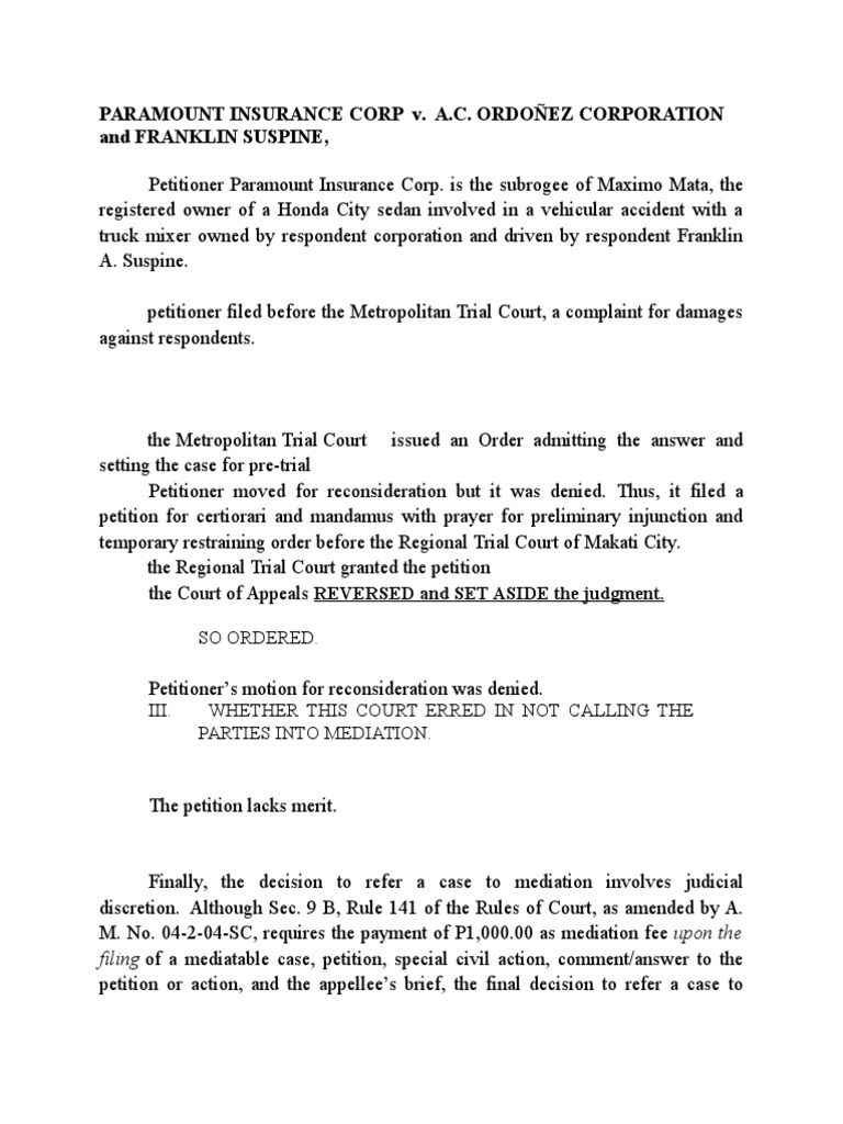 Paramount Insurance Corp. v. A.C. Ordoñez Case Summary | PDF | Lawsuit ...