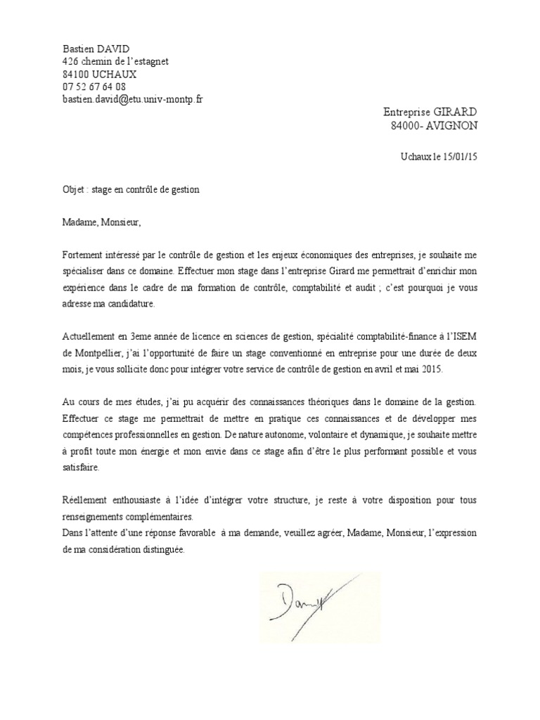 Bastien David Lettre de Motivation Stage Controle de Gestion