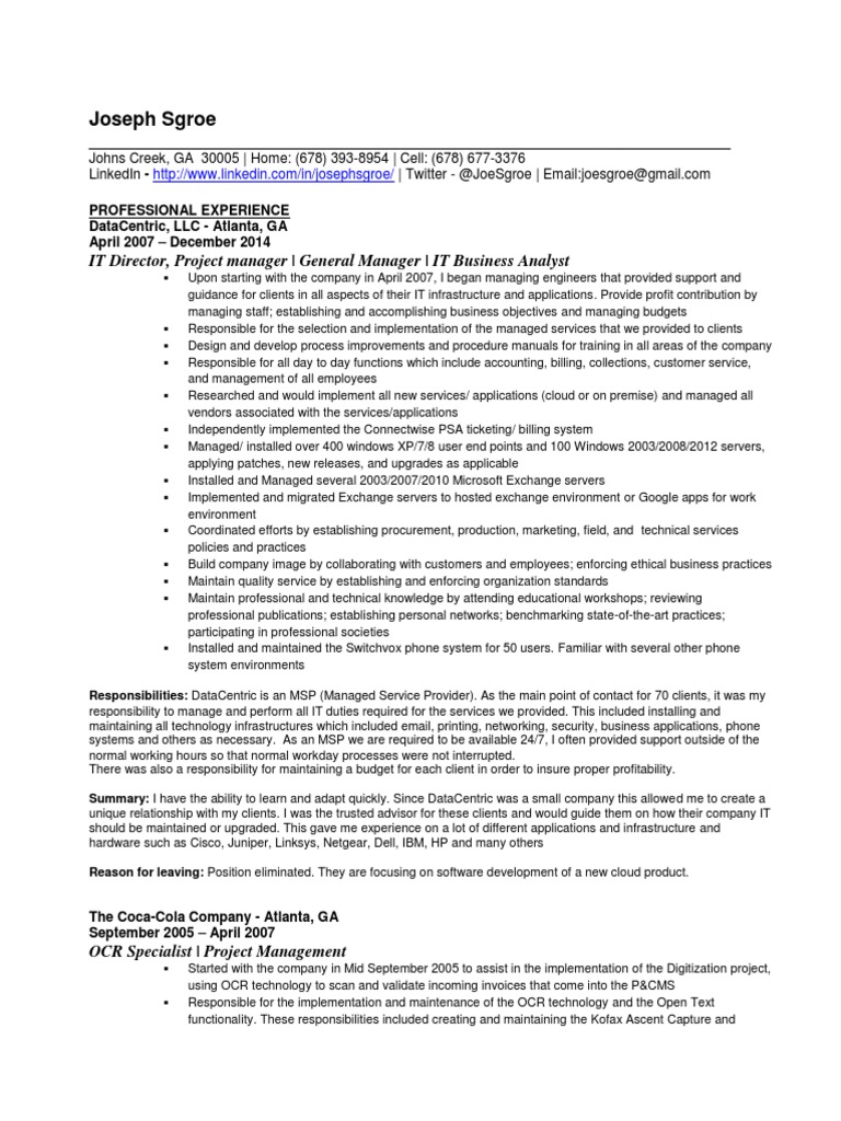 Information Technology Project Manager In Atlanta GA Resume Joseph