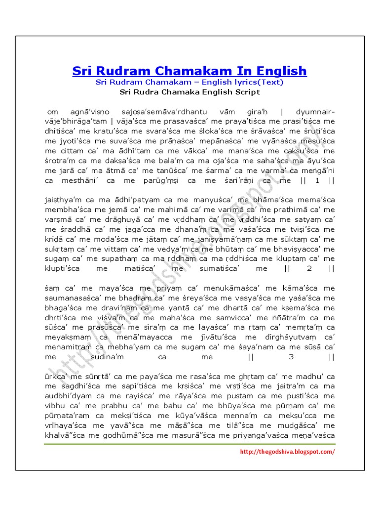 Sri Rudram Chamakam in English Download Free PDF Sanskrit Texts Vedas