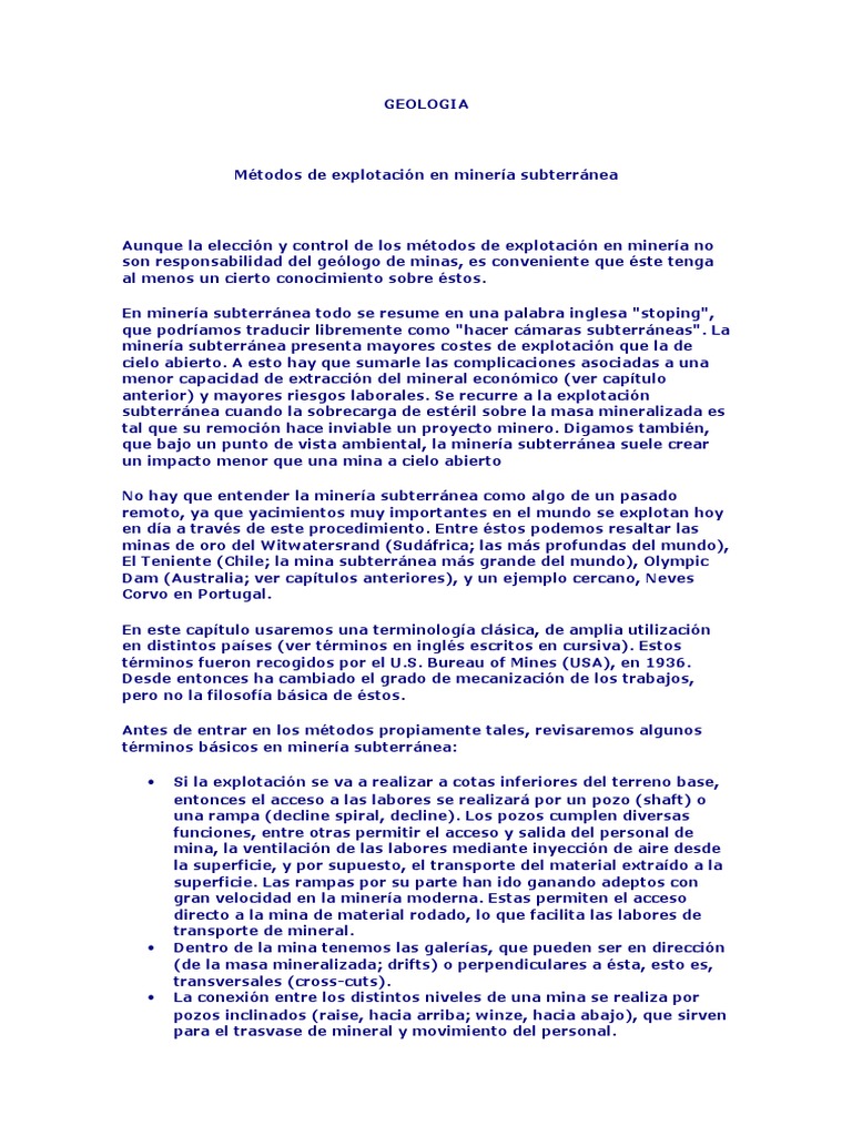 Geologia Metodo Exploracion En Mineria Subterranea Pdf Minería De