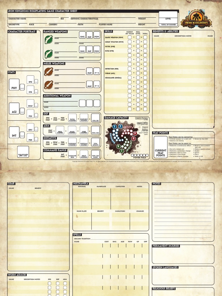 Iron Kingdoms Full Metal Fantasy Fillable Character Sheet PDF