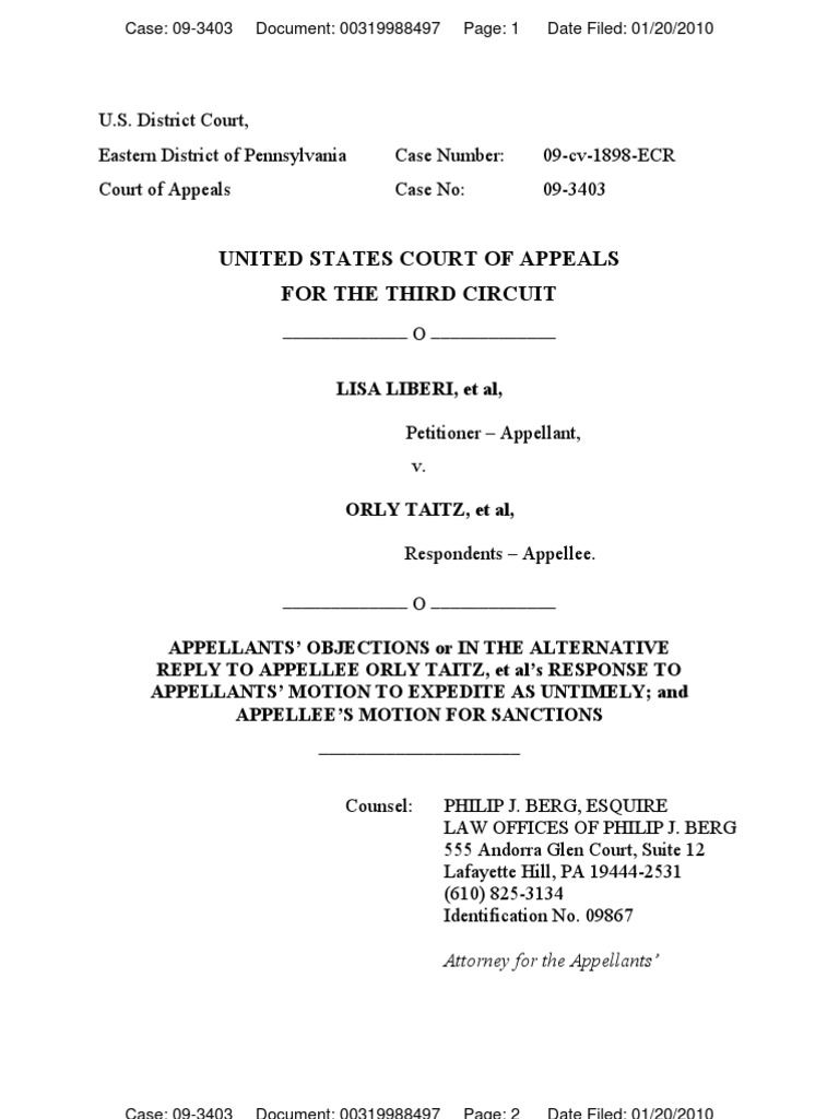 LIBERI, et al v TAITZ, et al (APPEAL) Reply by Appellants to Response Motion for sanctions