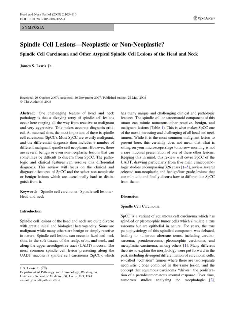 Spindle Cell Lesions PDF Carcinoma Neoplasms