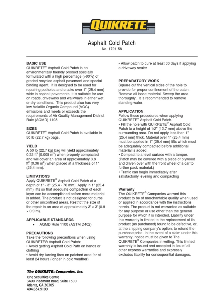 DATA SHEET AsphaltColdPatch | PDF | Industries | Building Engineering