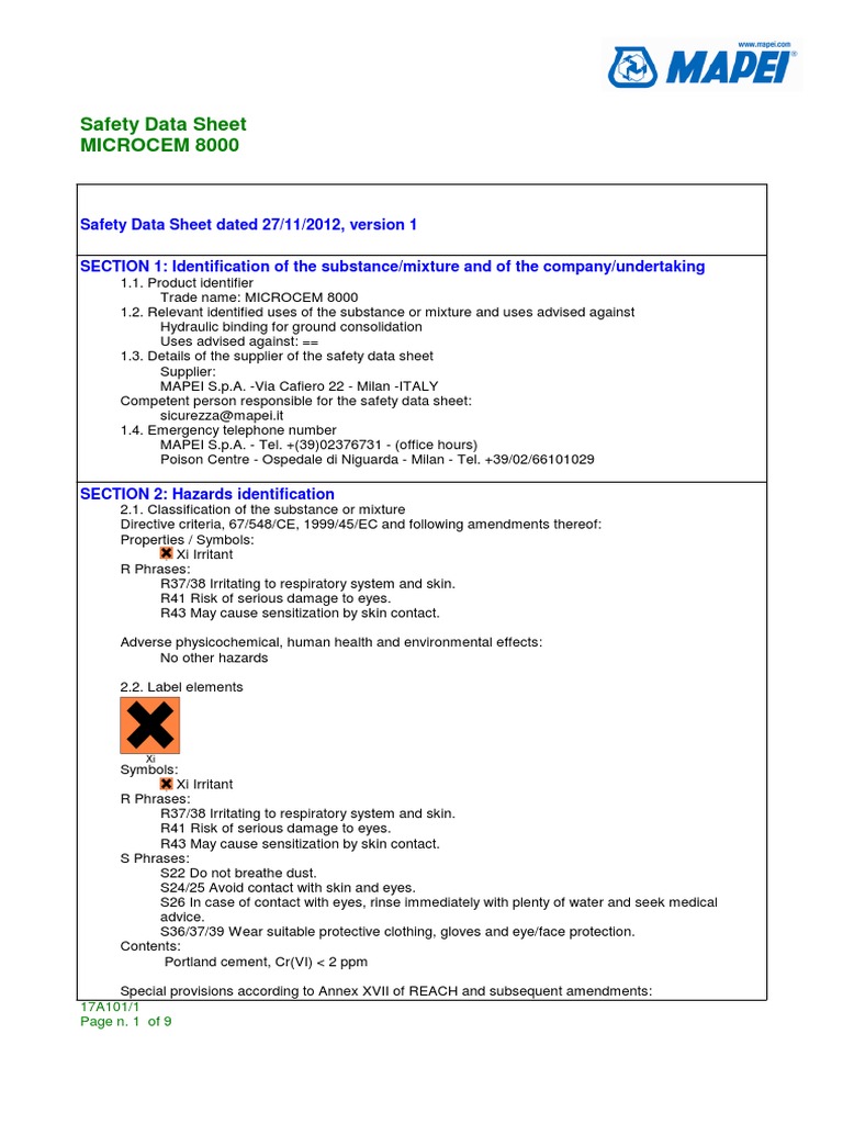 Safety Data Sheet dated 27/11/2012, version 1 Dangerous Goods Toxicity