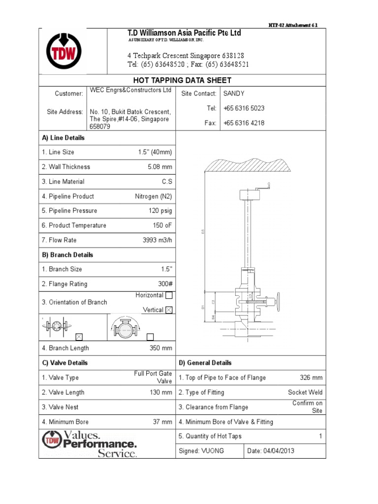 Hot Tapping Data Sheet2012 From TDW