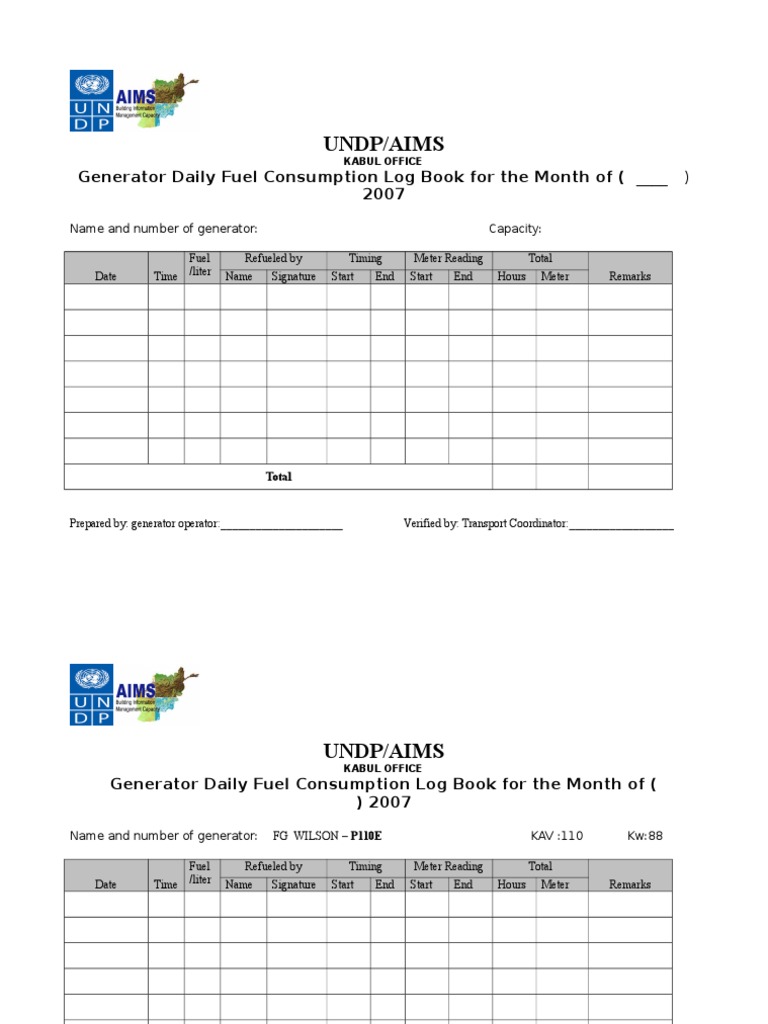 Undp/Aims: Generator Daily Fuel Consumption Log Book For The Month of ...