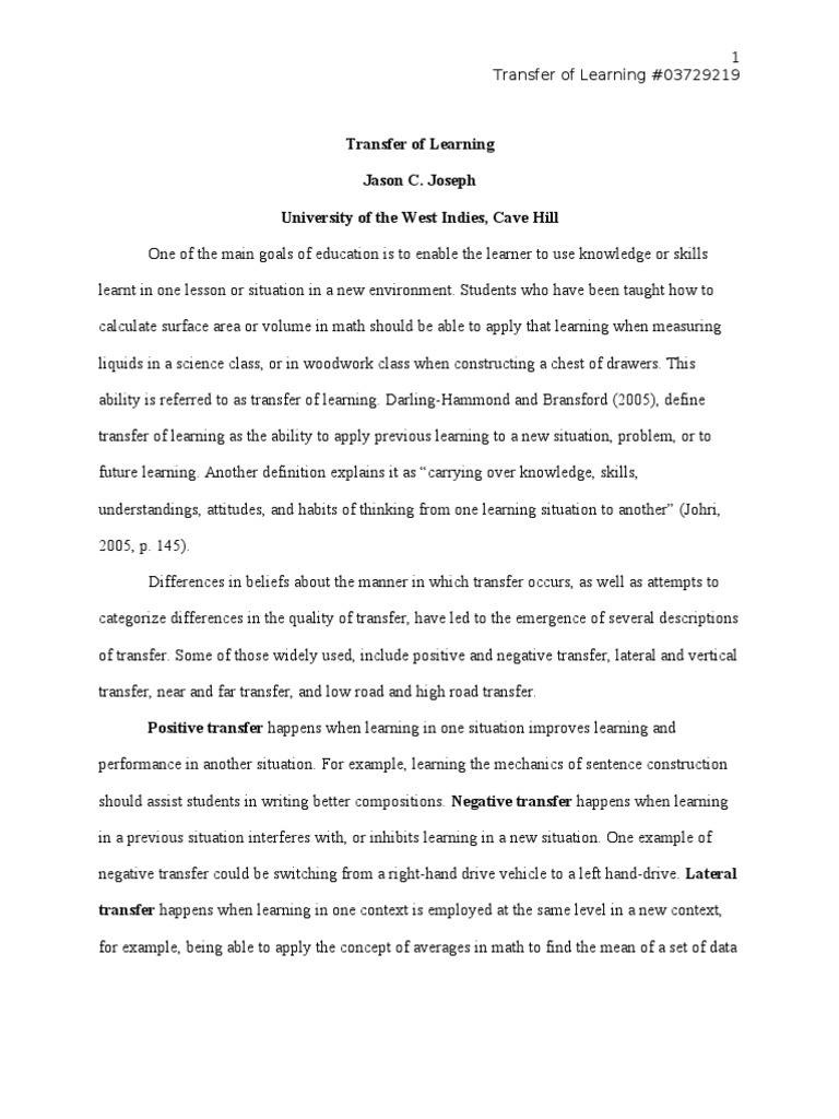 Transfer of Learning Assgmt | PDF | Learning | Schema (Psychology)