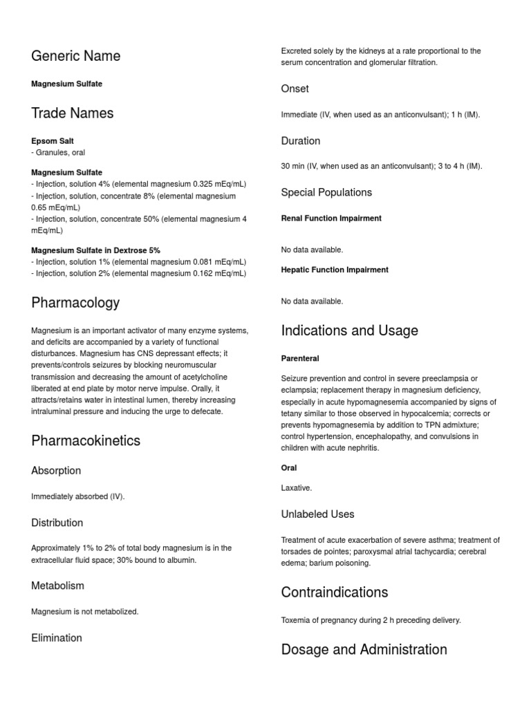 Magnesium Sulfate Magnesium Injection (Medicine)