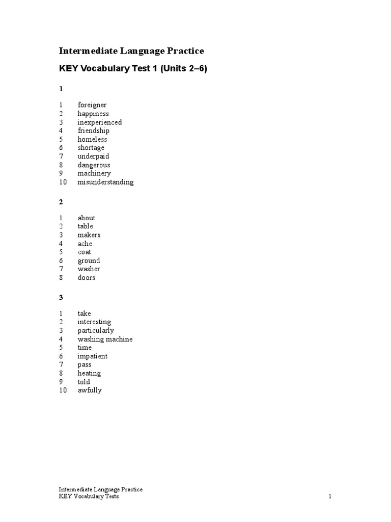 Intermediate Language Practice: KEY Vocabulary Test 1 (Units 2-6) | PDF