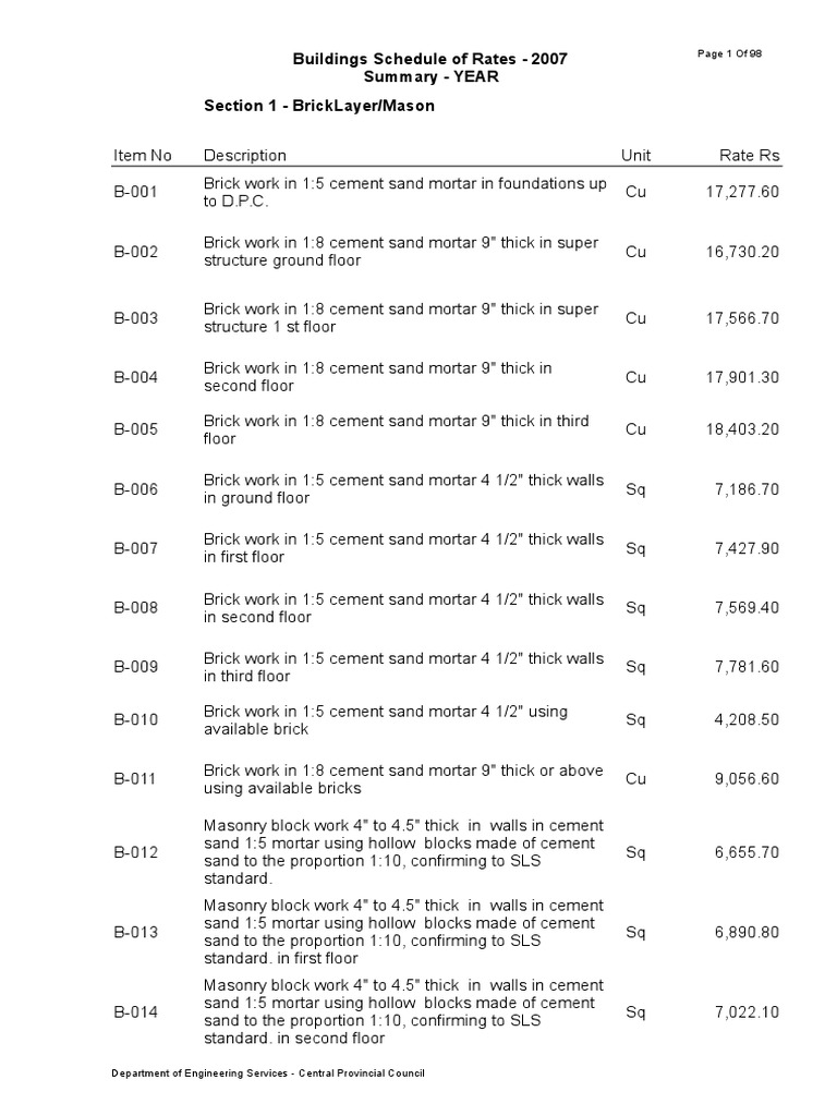 Building Rate Schedule 2007 | PDF | Window | Mortar (Masonry)
