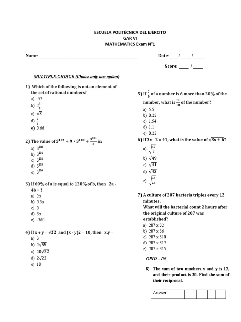 Escuela Politécnica Del Ejército Gar Vi Mathematics Exam N°1 Name ...