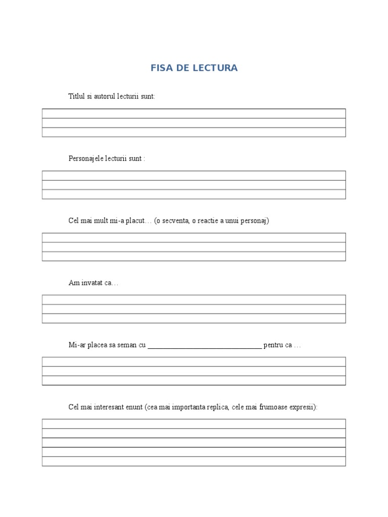 Model Fisa De Lectura Clasa A 2 A Fisa Lectura | PDF
