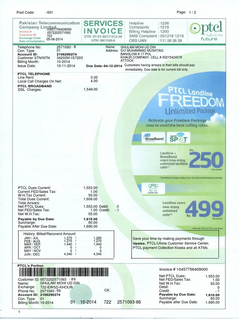 PTCL Bill Summary and Account Details | PDF