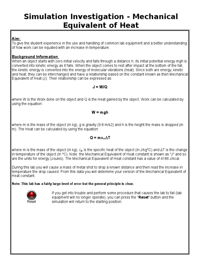 Simulation Investigation_Mechanical Equivalent of Heat Energy