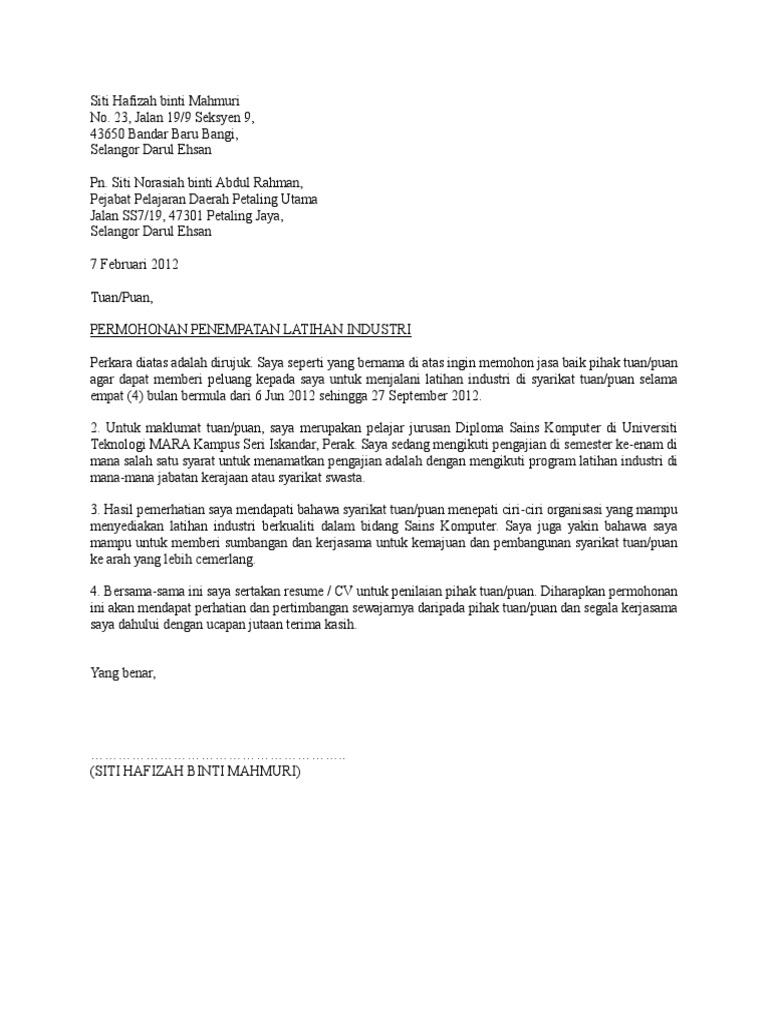 Contoh Surat Permohonan Praktikal Contoh Surat Permohonan Praktikal