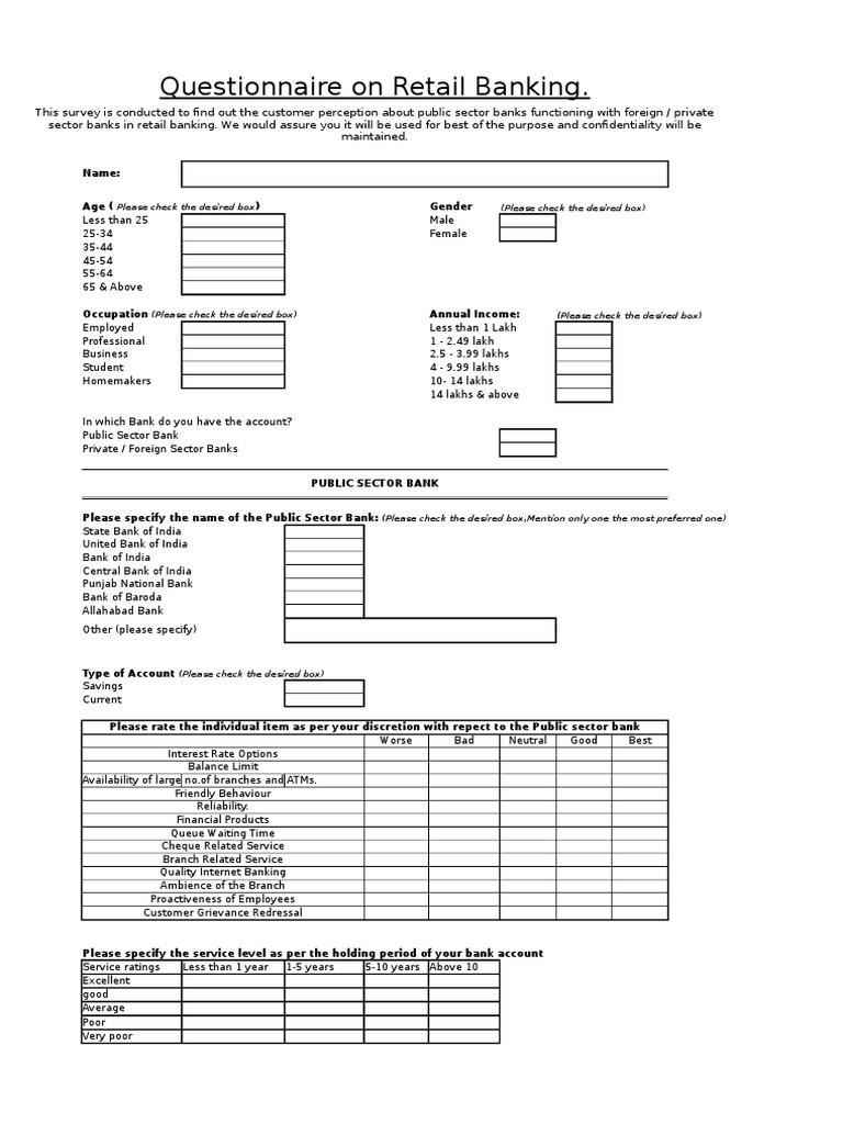 Questionnaire On Retail Banking Final PDF Online Banking Banks