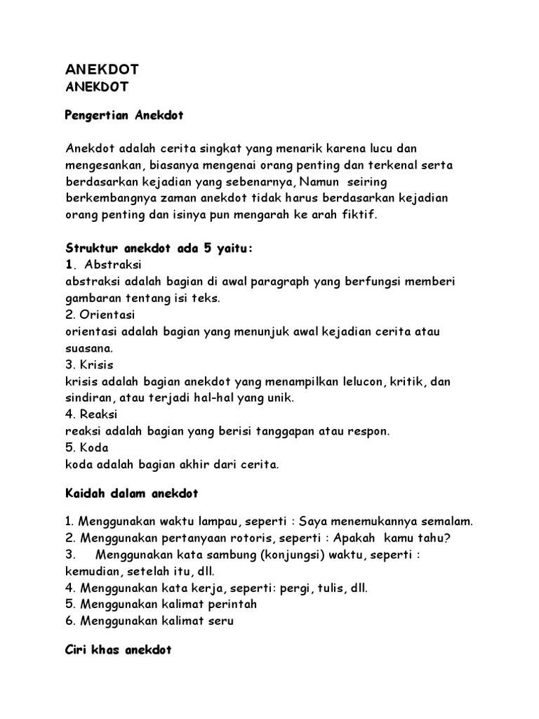 Struktur dan Ciri Teks Anekdot | PDF | Seni & Disiplin Bahasa | Fiksi Umum