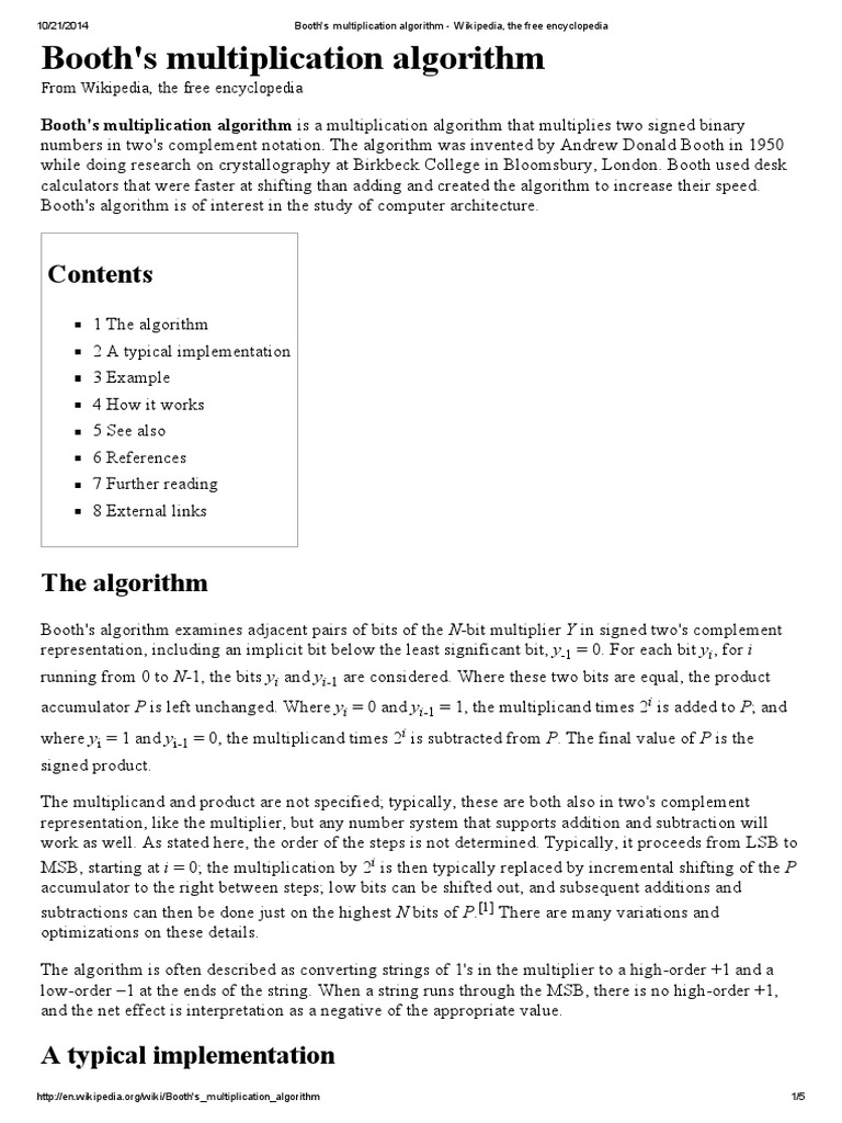 Booth's Multiplication Algorithm - Wikipedia, The Free Encyclopedia PDF ...
