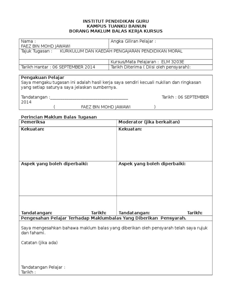 Borang Maklum Balas Kerja Kursus Pdf
