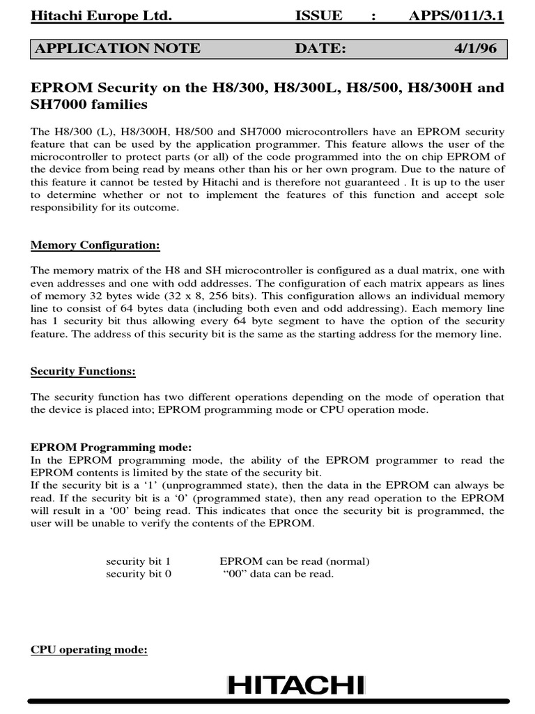 H8 500 Eprom Security PDF Microcontroller Central Processing Unit