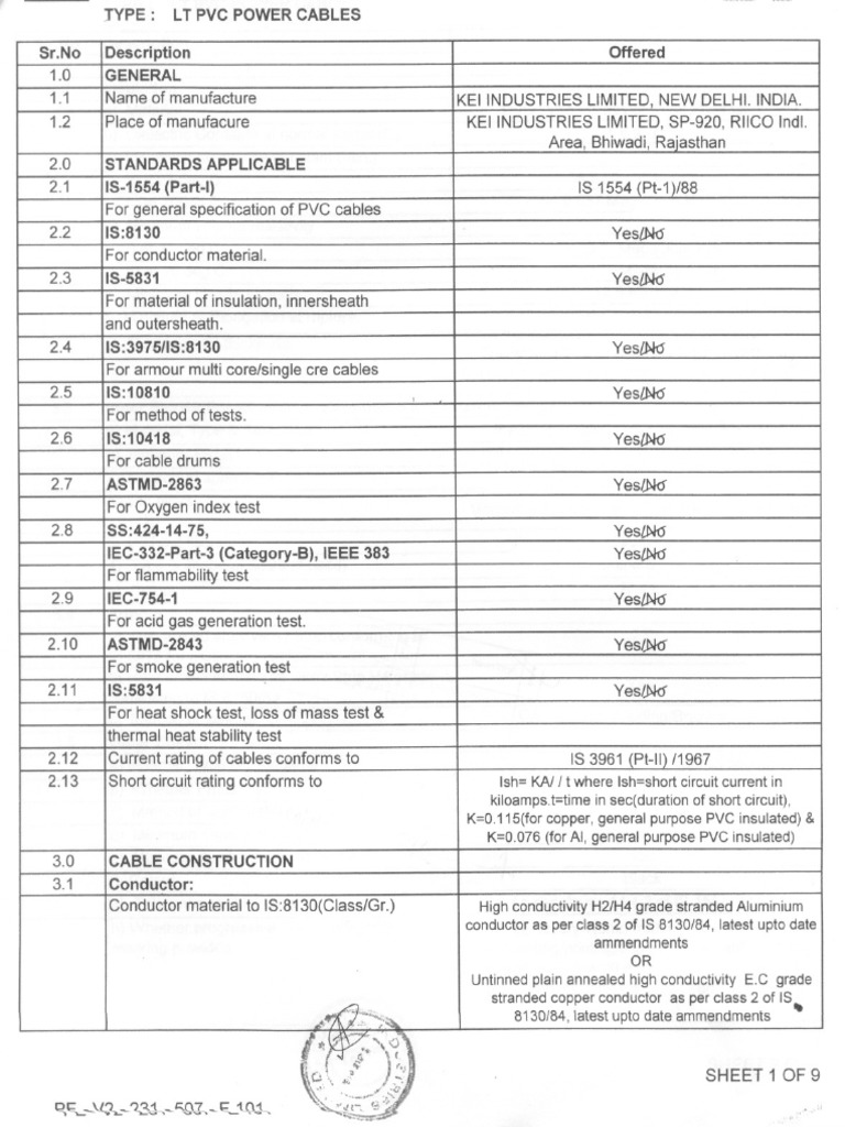 LT Power Cable Data Sheet PDF Cable Wire