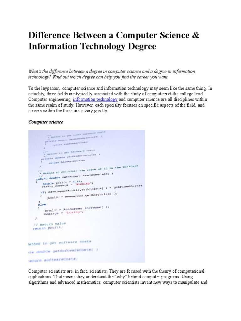 Computer Science vs Information Technology | PDF | Computer Science ...