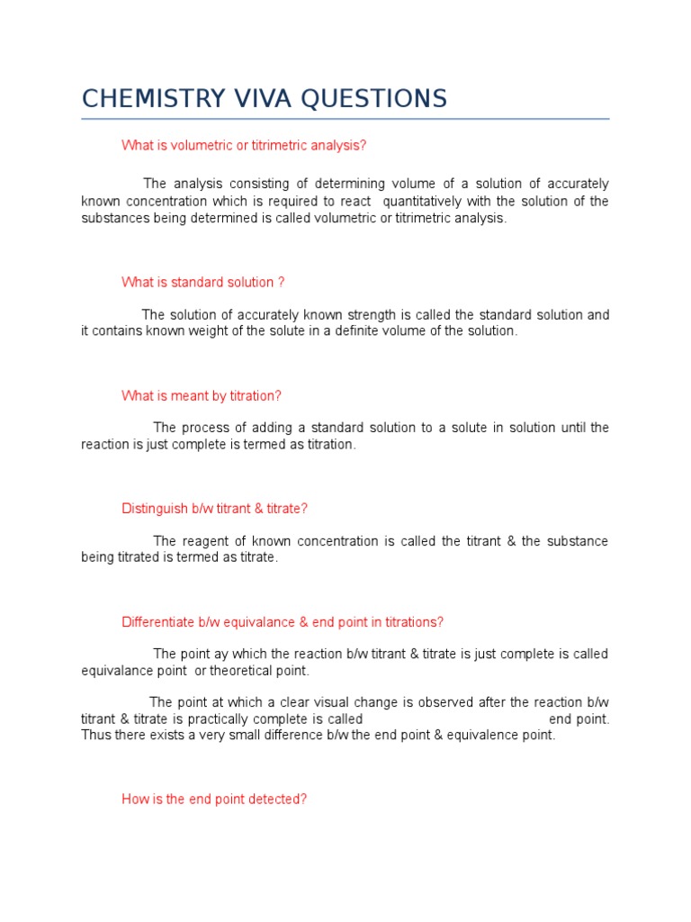 Chemistry Viva Questions Titration Redox