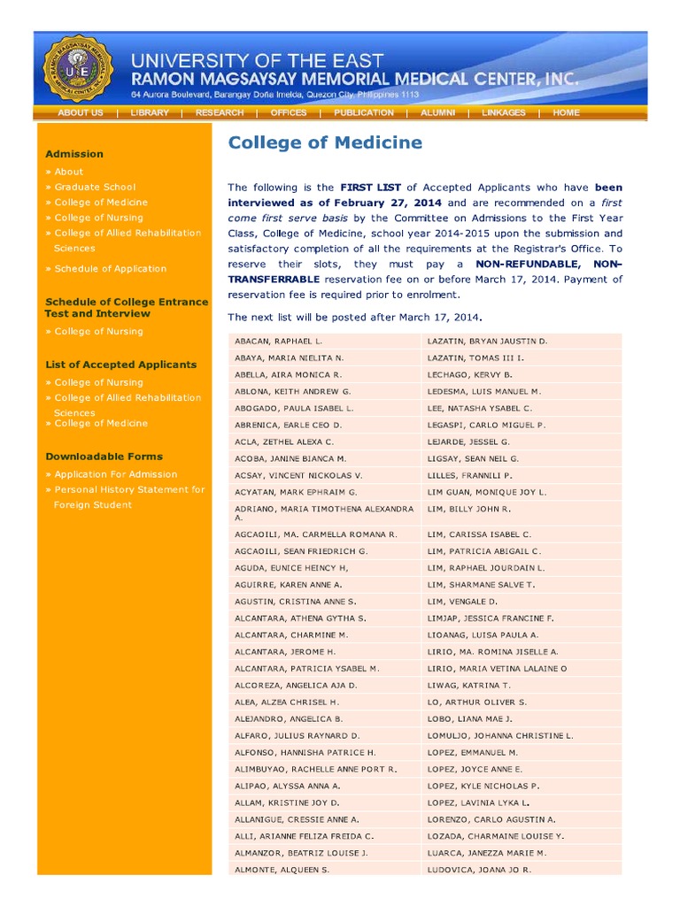 UERM Medical Center Admission 1st List 2014 | PDF | Medicine | Health Care
