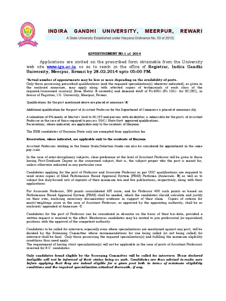 Indira Gandhi University (IGU) Meerpur Registration & Application Form ...