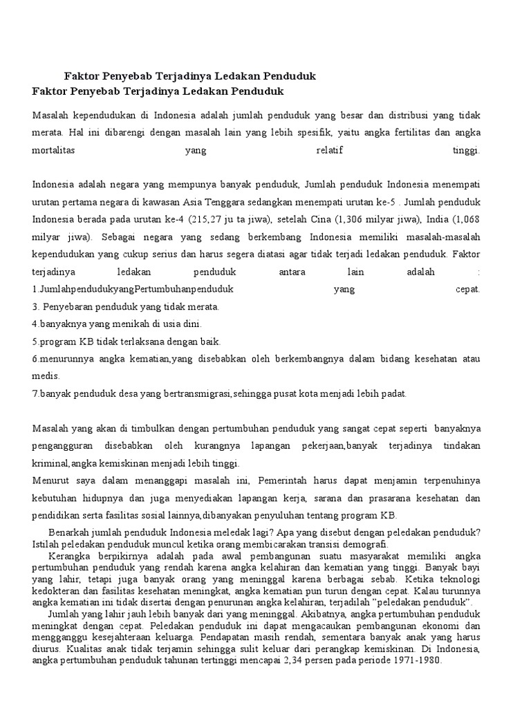 Faktor Penyebab Terjadinya Ledakan Penduduk