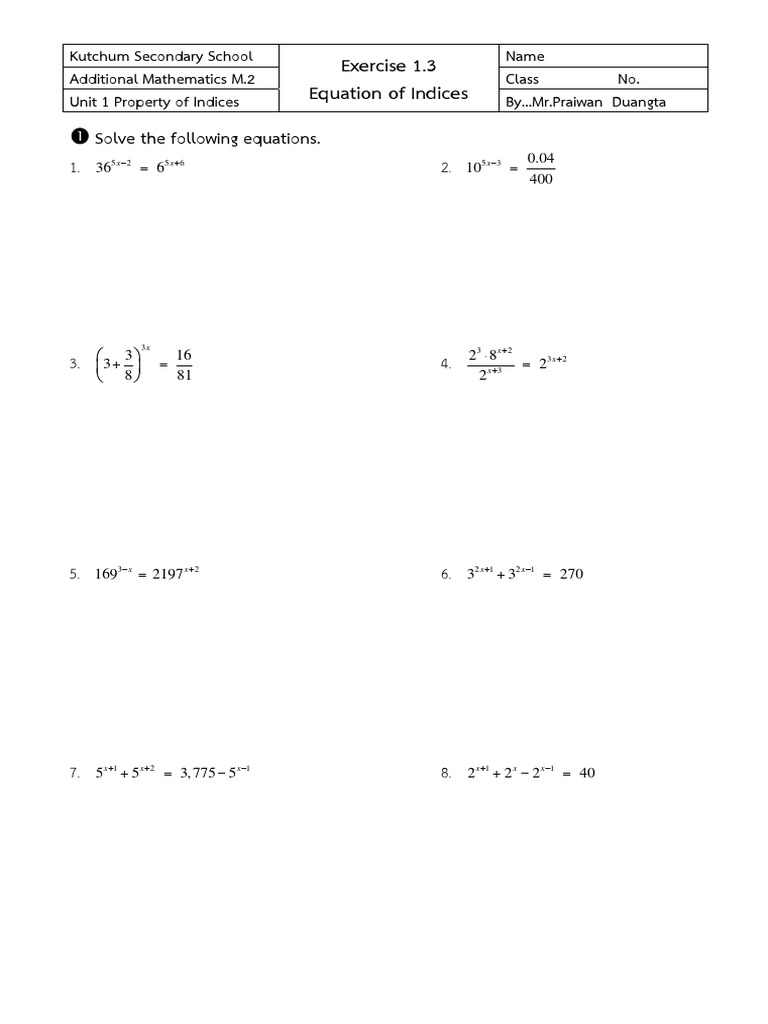 Additional Mathematics Indices Exercises | PDF | Teaching Methods ...