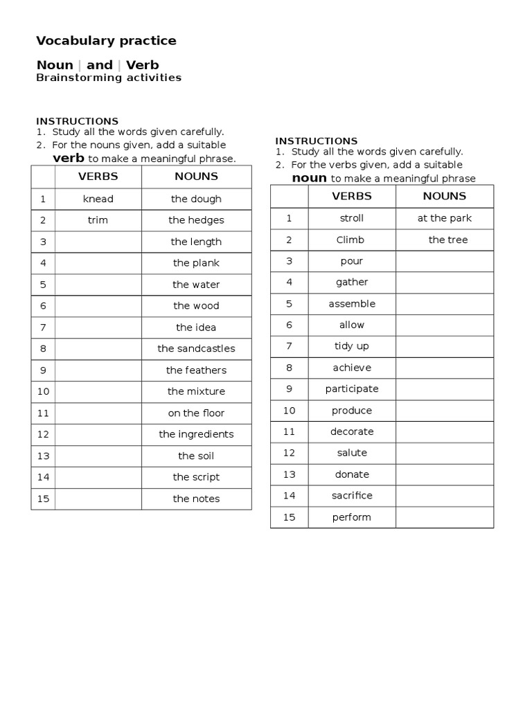 Vocabulary Practice Noun and Verb Brainstorming Activities PDF