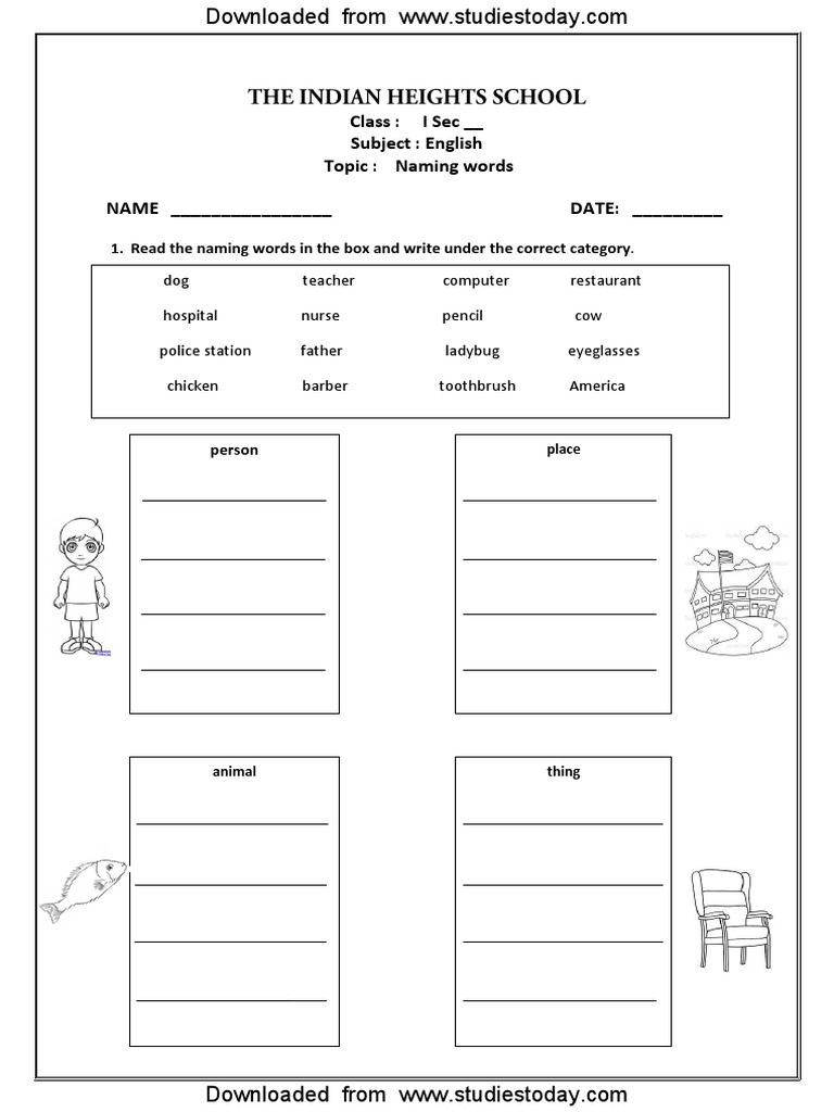 Cbse Class 1 English Worksheets 34 Naming Words 2
