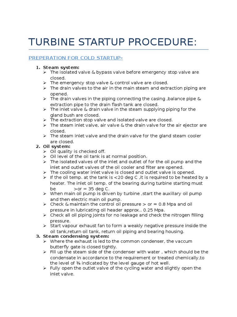 Turbine Startup Procedure Steam Valve