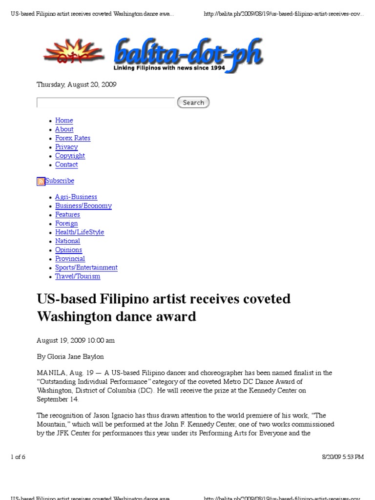 Us Based Filipino Artist Receives Coveted Washington Dance Award - 