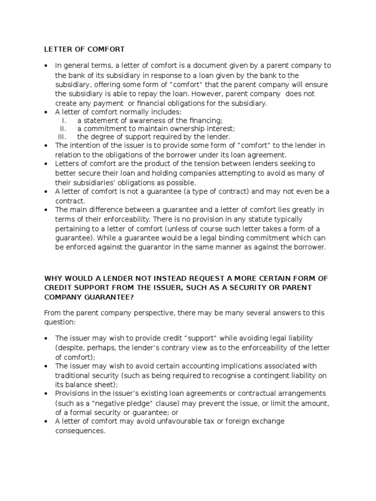 Letter of Comfort Loans Guarantee
