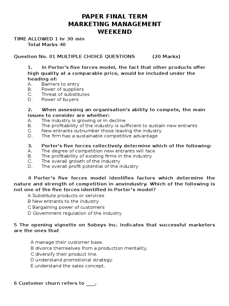 Marketing Management Exam Paper | PDF | Marketing | Business