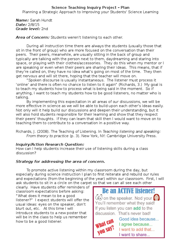 Hundt Te804 Inquiryprojectplan | PDF | Classroom | Conversation