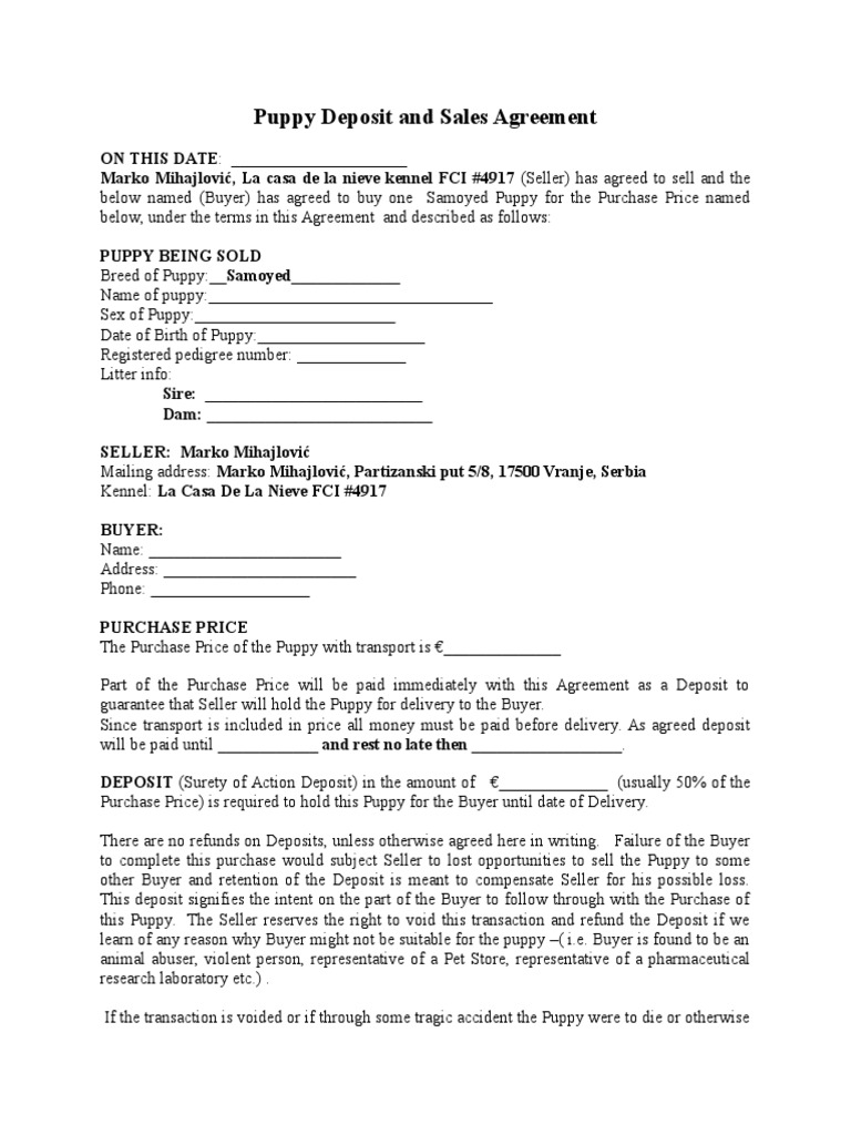 Agreement For Puppy Blanko | PDF | Dogs | Veterinary Physician for Free Printable Puppy Puppy Deposit Contract