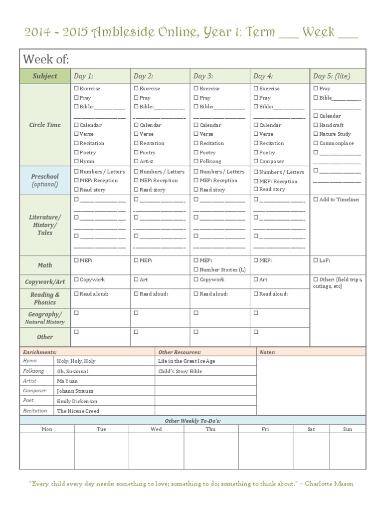Ambleside Online Weekly Schedule Year 1
