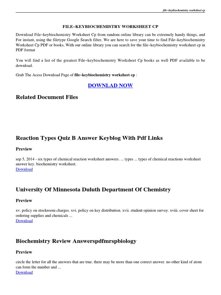 worksheet Six Types Of Chemical Reactions Worksheet filekeybiochemistry worksheet cp pdf macromolecules biochemistry