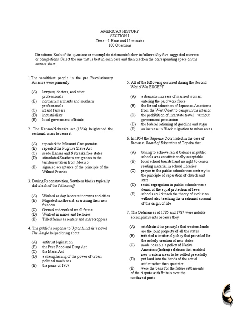 1984 Released Multiple Choice Exam APUSH PDF Slavery In The United