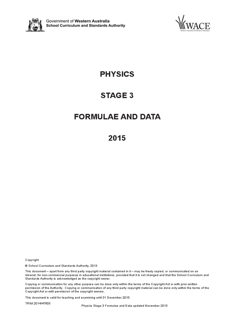 Physics Formulae and Data Sheet Stage 3 2015 | PDF | Electromagnetic ...